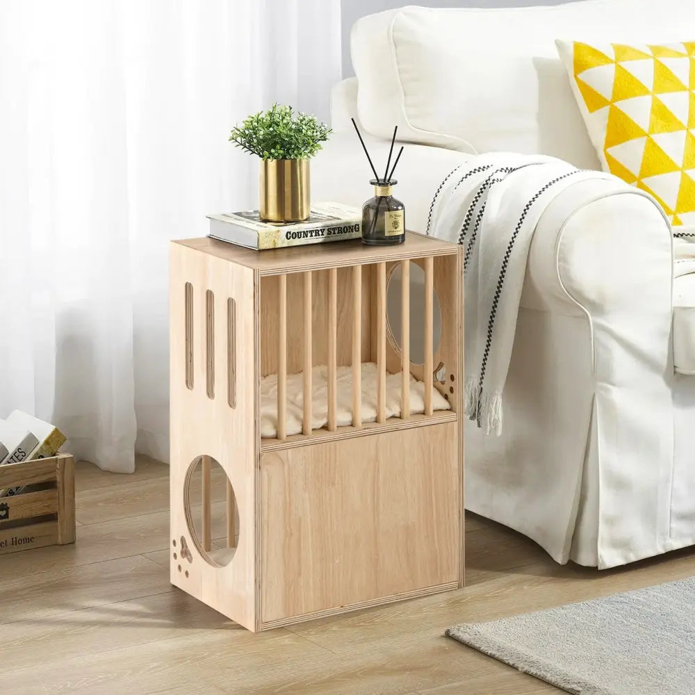 2-tier Wooden Cat Condo Indoor Symmetrical Cat House with Removable Cushions - Natural - Cat Houses