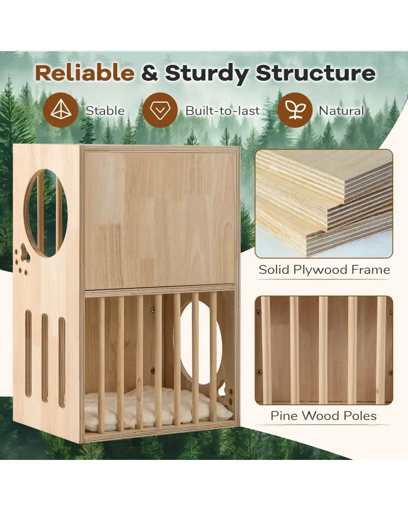 2-tier Wooden Cat Condo Indoor Symmetrical Cat House with Removable Cushions - Natural - Cat Houses