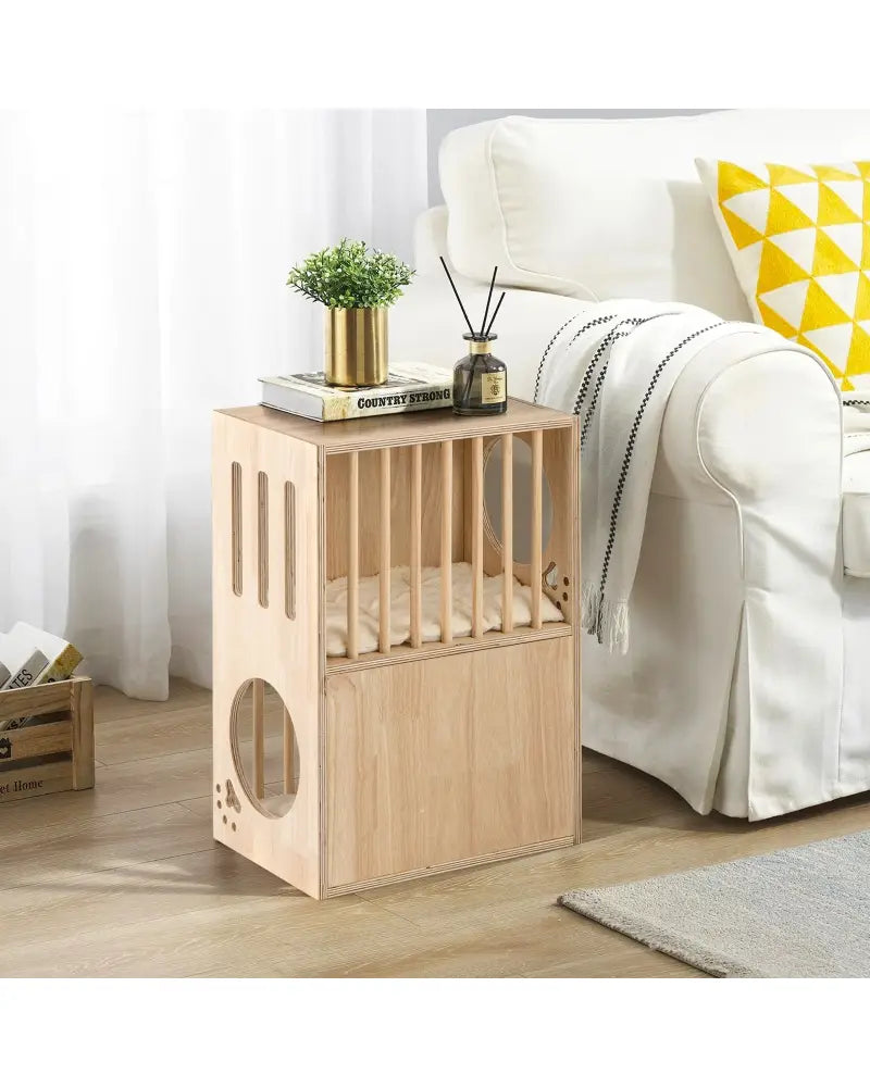 2-tier Wooden Cat Condo Indoor Symmetrical Cat House with Removable Cushions - Natural - Cat Houses