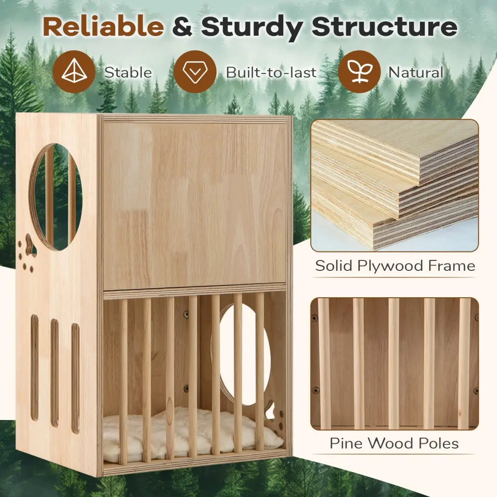 2-tier Wooden Cat Condo Indoor Symmetrical Cat House with Removable Cushions - Natural - Cat Houses