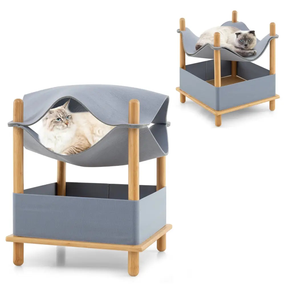 2-Tier Wooden Cat House with Semi-enclosed Condo and Removable Clothes-Gray - Gray - Cat Trees Condos & Scratchers