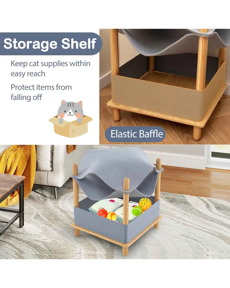 2-Tier Wooden Cat House with Semi-enclosed Condo and Removable Clothes-Gray - Gray - Cat Trees Condos & Scratchers
