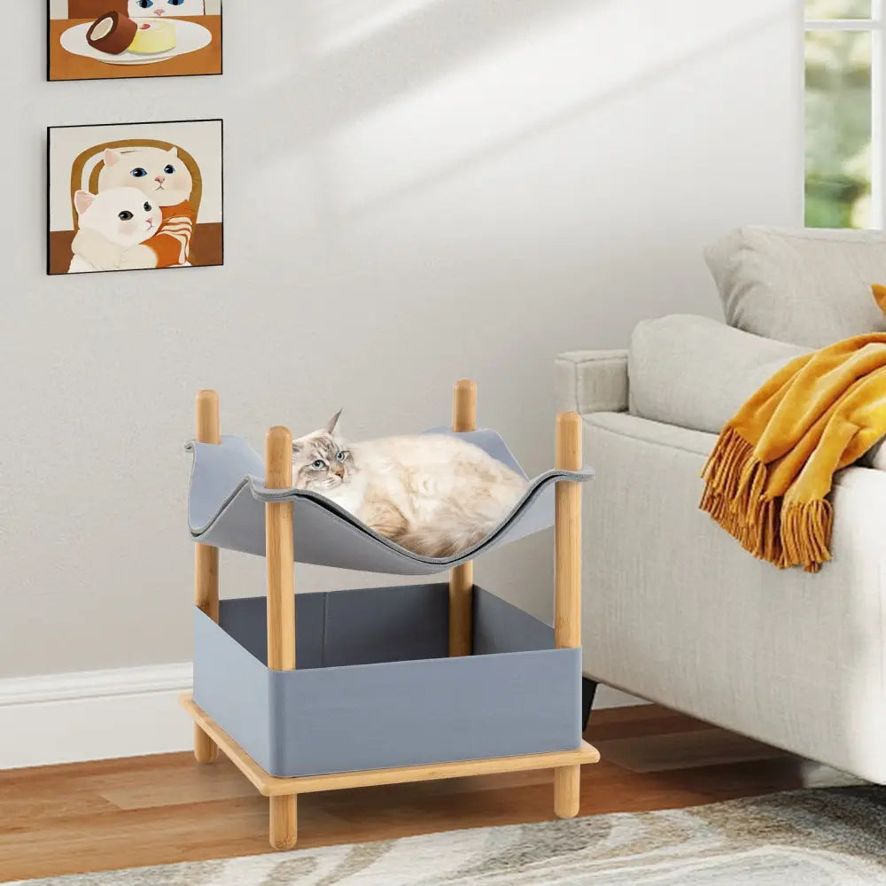 2-Tier Wooden Cat House with Semi-enclosed Condo and Removable Clothes-Gray - Gray - Cat Trees Condos & Scratchers