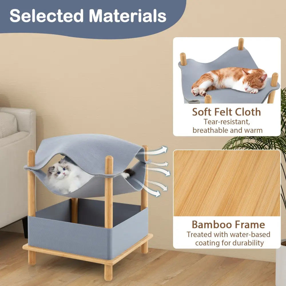 2-Tier Wooden Cat House with Semi-enclosed Condo and Removable Clothes-Gray - Gray - Cat Trees Condos & Scratchers