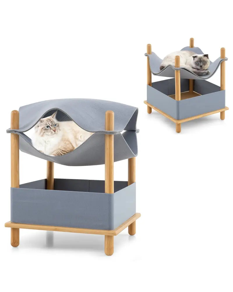 2-Tier Wooden Cat House with Semi-enclosed Condo and Removable Clothes-Gray - Gray - Cat Trees Condos & Scratchers