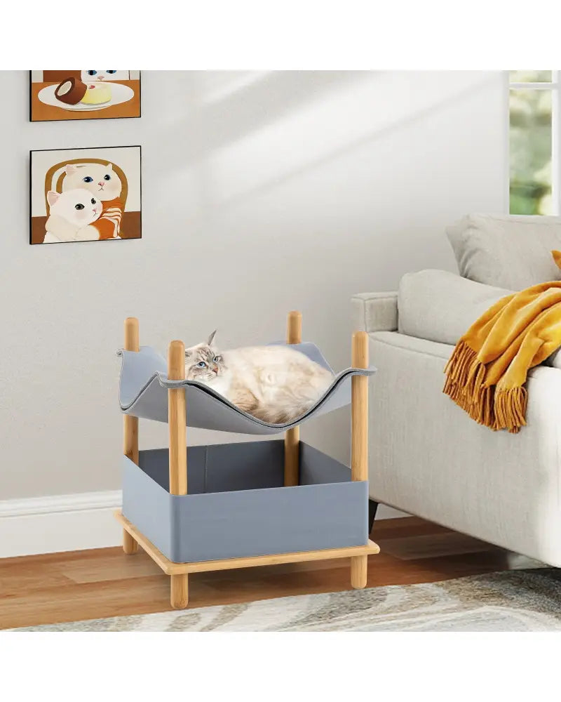 2-Tier Wooden Cat House with Semi-enclosed Condo and Removable Clothes-Gray - Gray - Cat Trees Condos & Scratchers