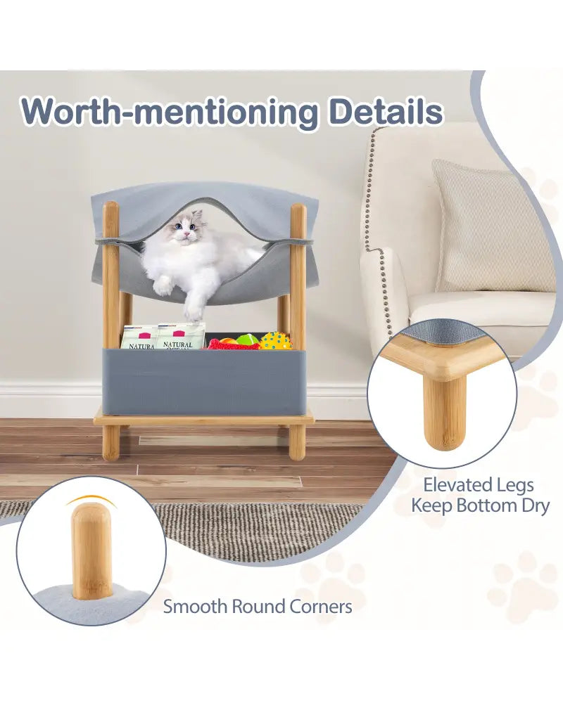 2-Tier Wooden Cat House with Semi-enclosed Condo and Removable Clothes-Gray - Gray - Cat Trees Condos & Scratchers