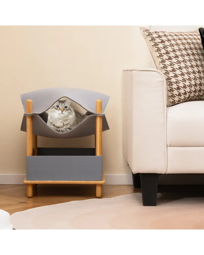 2-Tier Wooden Cat House with Semi-enclosed Condo and Removable Clothes-Gray - Gray - Cat Trees Condos & Scratchers