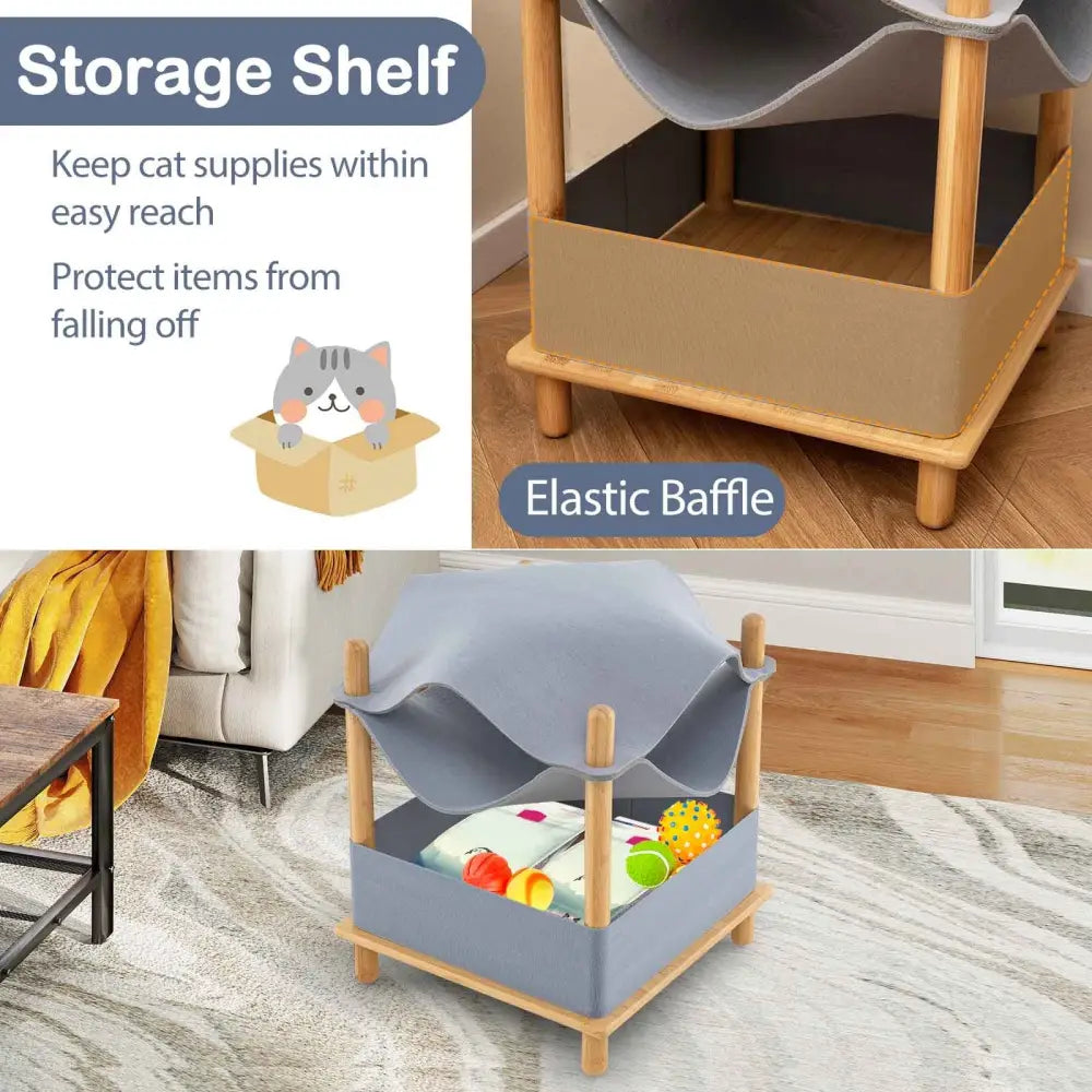 2-Tier Wooden Cat House with Semi-enclosed Condo and Removable Clothes-Gray - Gray - Cat Trees Condos & Scratchers