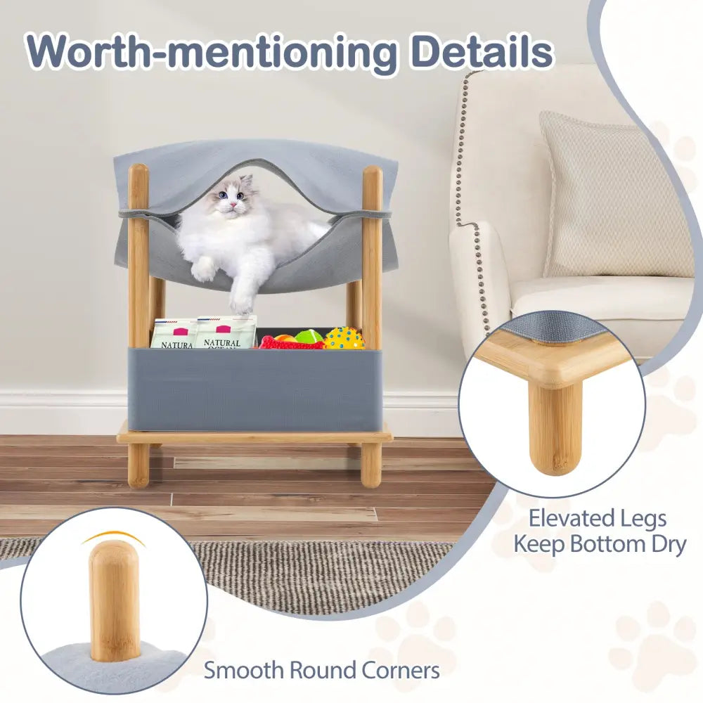 2-Tier Wooden Cat House with Semi-enclosed Condo and Removable Clothes-Gray - Gray - Cat Trees Condos & Scratchers