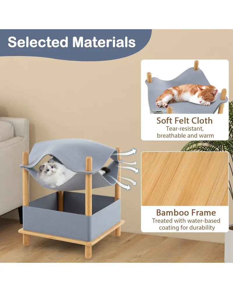 2-Tier Wooden Cat House with Semi-enclosed Condo and Removable Clothes-Gray - Gray - Cat Trees Condos & Scratchers