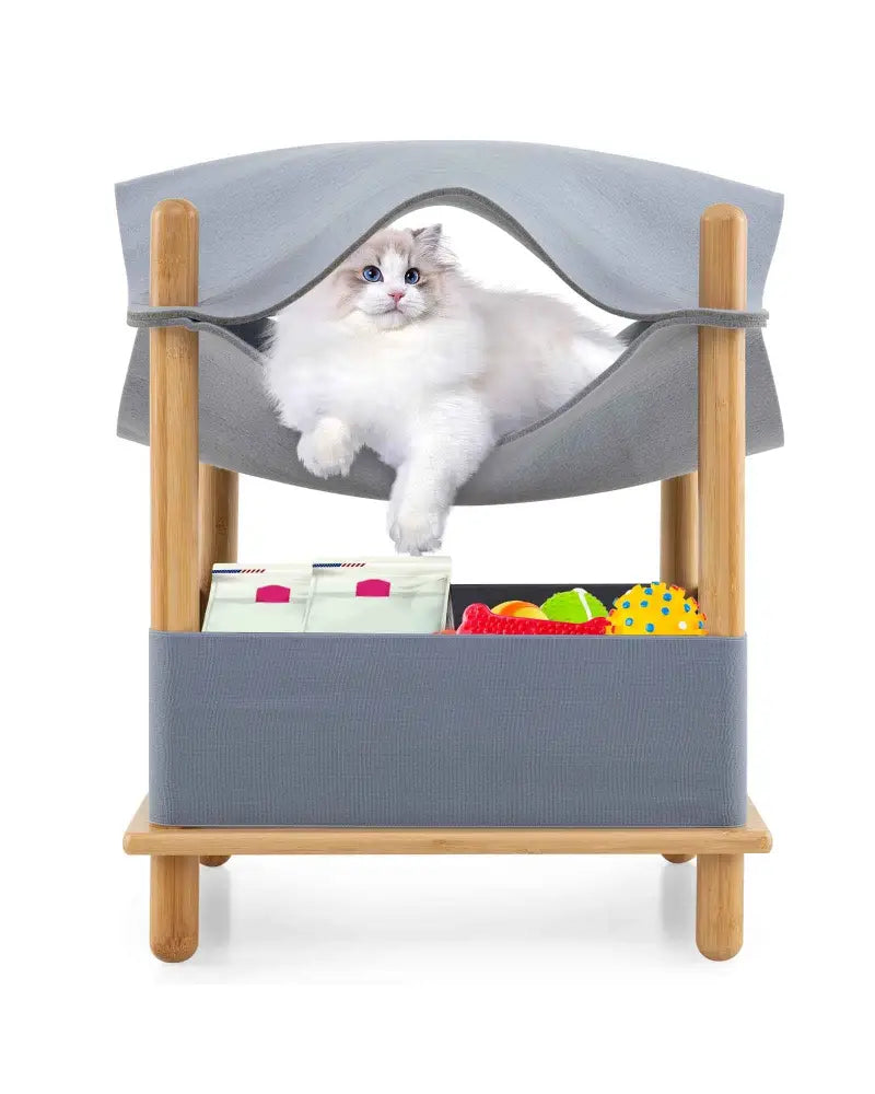 2-Tier Wooden Cat House with Semi-enclosed Condo and Removable Clothes-Gray - Gray - Cat Trees Condos & Scratchers