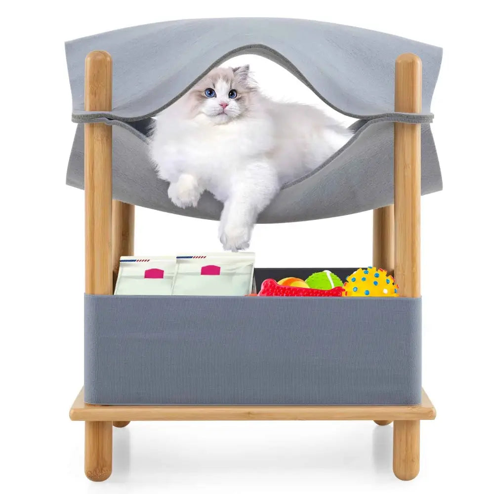 2-Tier Wooden Cat House with Semi-enclosed Condo and Removable Clothes-Gray - Gray - Cat Trees Condos & Scratchers