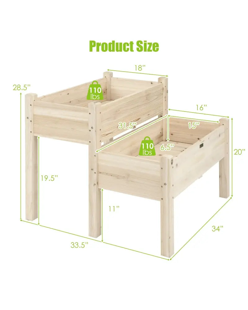 2 Tier Wooden Elevated Planter Box with Legs and Drain Holes for Balcony and Yard - Natural - Raised Garden Beds