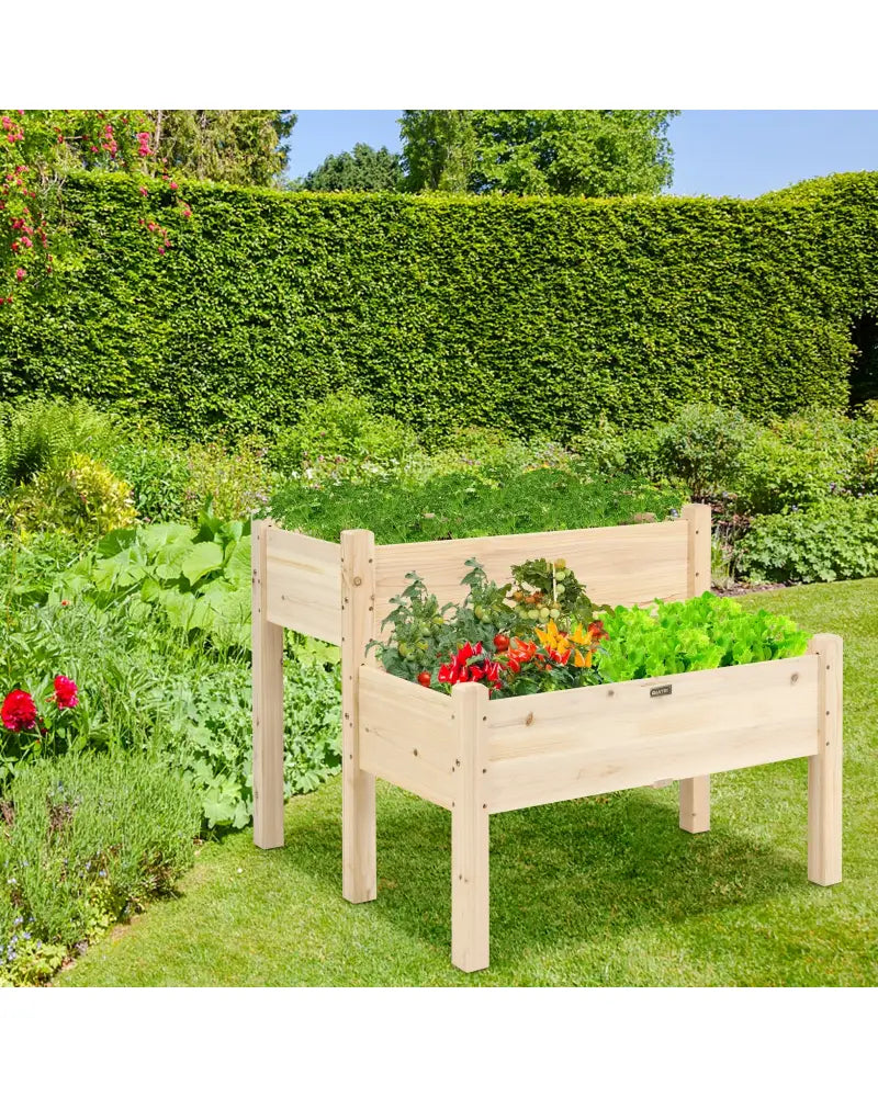 2 Tier Wooden Elevated Planter Box with Legs and Drain Holes for Balcony and Yard - Natural - Raised Garden Beds