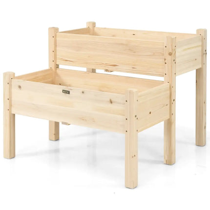 2 Tier Wooden Elevated Planter Box with Legs and Drain Holes for Balcony and Yard - Natural - Raised Garden Beds