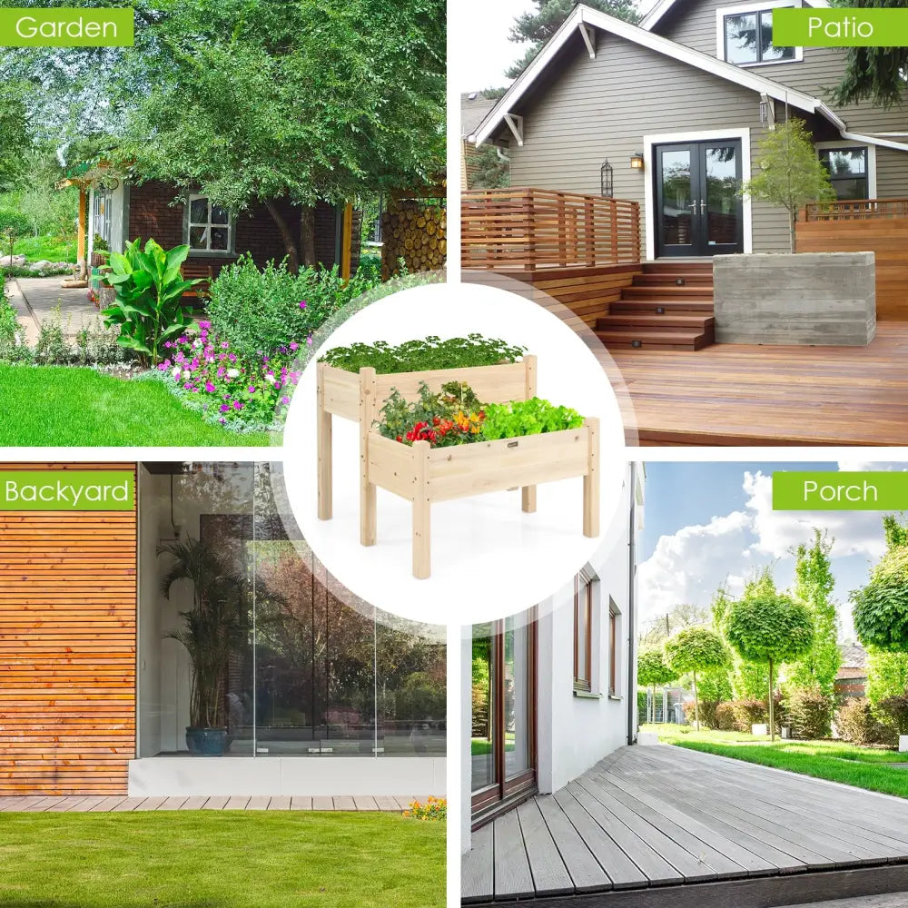 2 Tier Wooden Elevated Planter Box with Legs and Drain Holes for Balcony and Yard - Natural - Raised Garden Beds