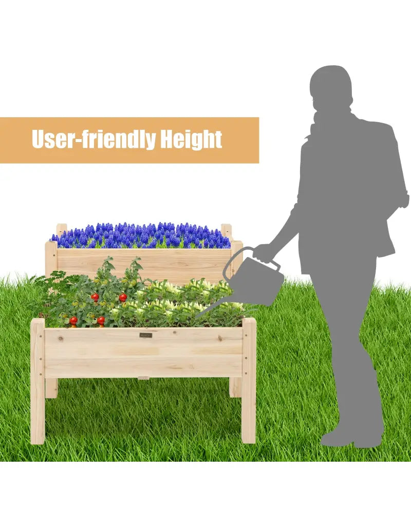 2 Tier Wooden Elevated Planter Box with Legs and Drain Holes for Balcony and Yard - Natural - Raised Garden Beds