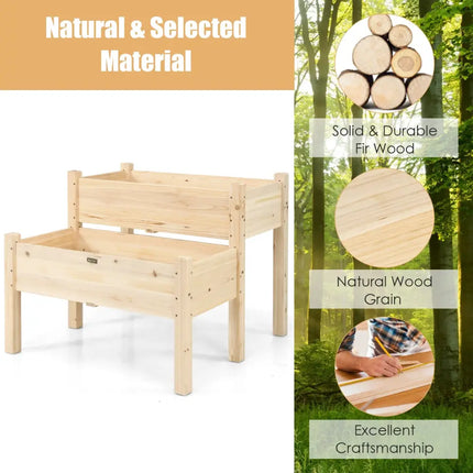 2 Tier Wooden Elevated Planter Box with Legs and Drain Holes for Balcony and Yard - Natural - Raised Garden Beds
