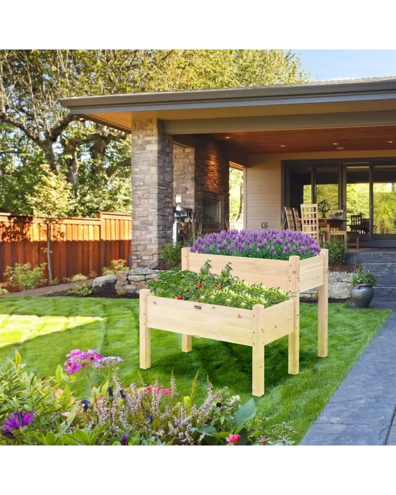 2 Tier Wooden Elevated Planter Box with Legs and Drain Holes for Balcony and Yard - Natural - Raised Garden Beds