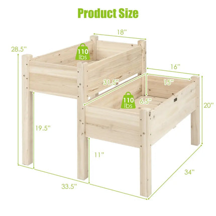2 Tier Wooden Elevated Planter Box with Legs and Drain Holes for Balcony and Yard - Natural - Raised Garden Beds