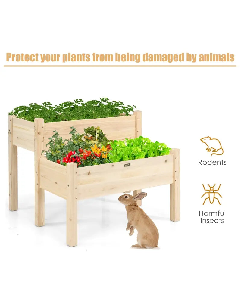 2 Tier Wooden Elevated Planter Box with Legs and Drain Holes for Balcony and Yard - Natural - Raised Garden Beds
