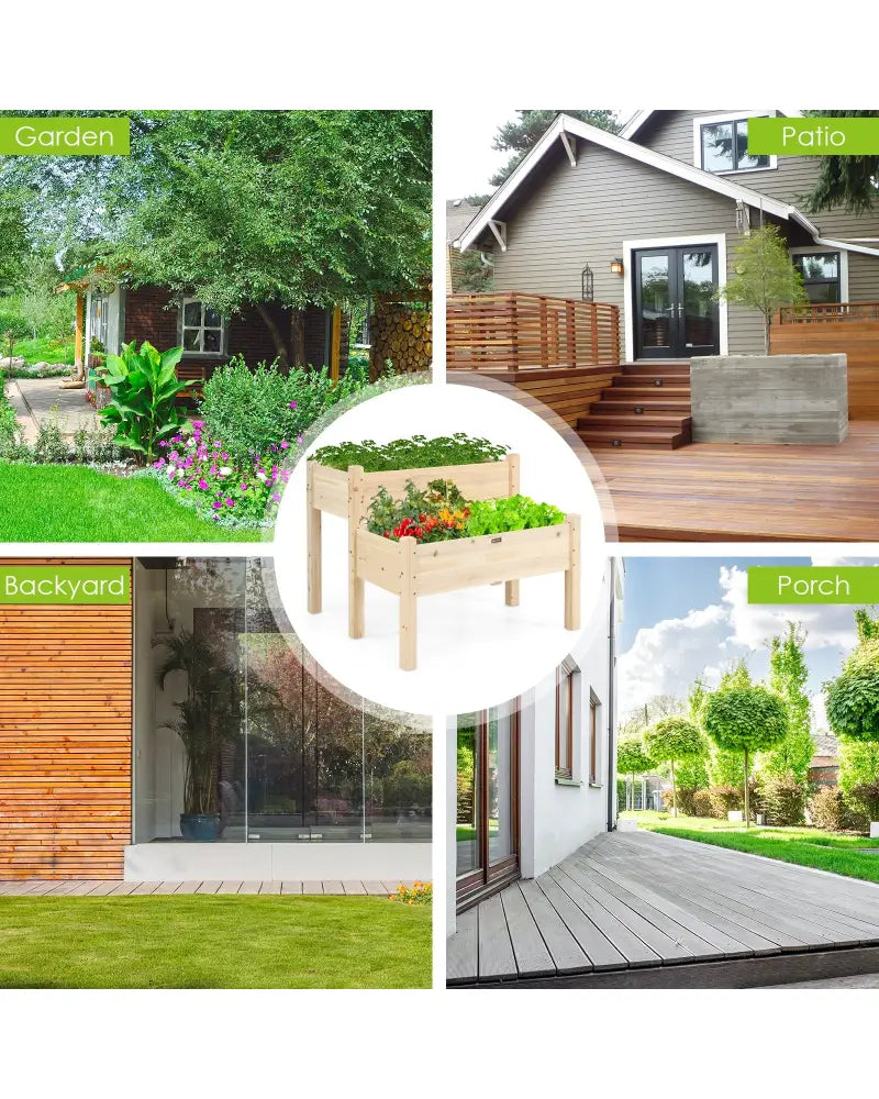 2 Tier Wooden Elevated Planter Box with Legs and Drain Holes for Balcony and Yard - Natural - Raised Garden Beds