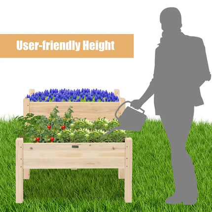 2 Tier Wooden Elevated Planter Box with Legs and Drain Holes for Balcony and Yard - Natural - Raised Garden Beds