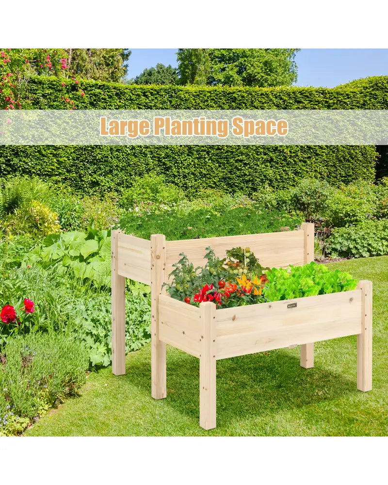 2 Tier Wooden Elevated Planter Box with Legs and Drain Holes for Balcony and Yard - Natural - Raised Garden Beds