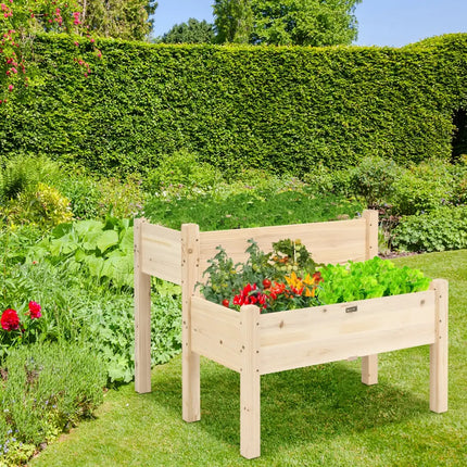 2 Tier Wooden Elevated Planter Box with Legs and Drain Holes for Balcony and Yard - Natural - Raised Garden Beds