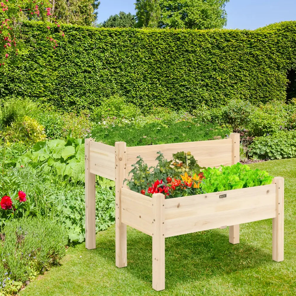 2 Tier Wooden Elevated Planter Box with Legs and Drain Holes for Balcony and Yard - Natural - Raised Garden Beds