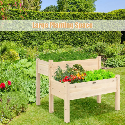 2 Tier Wooden Elevated Planter Box with Legs and Drain Holes for Balcony and Yard - Natural - Raised Garden Beds