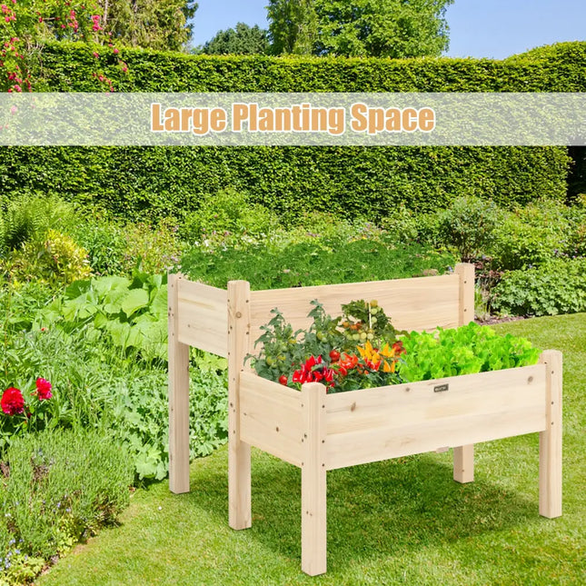 2 Tier Wooden Elevated Planter Box with Legs and Drain Holes for Balcony and Yard - Natural - Raised Garden Beds