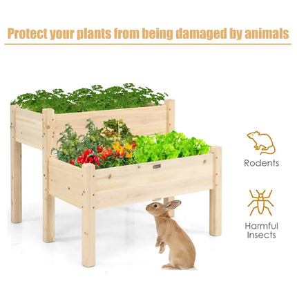 2 Tier Wooden Elevated Planter Box with Legs and Drain Holes for Balcony and Yard - Natural - Raised Garden Beds