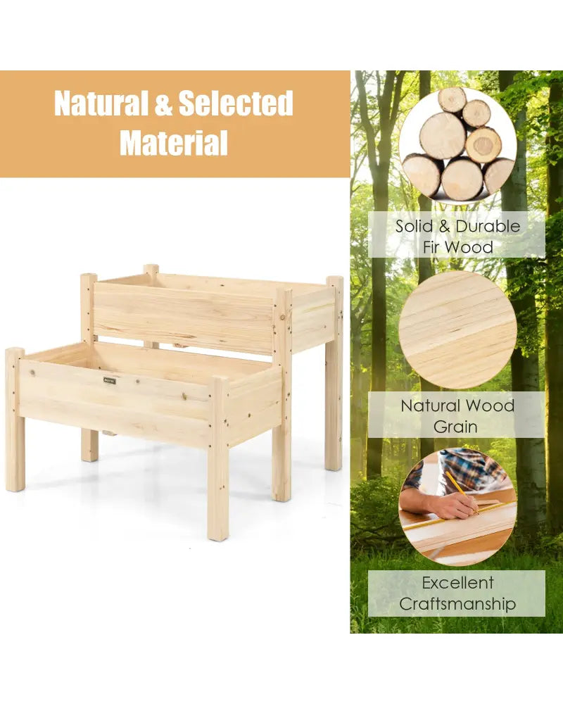 2 Tier Wooden Elevated Planter Box with Legs and Drain Holes for Balcony and Yard - Natural - Raised Garden Beds