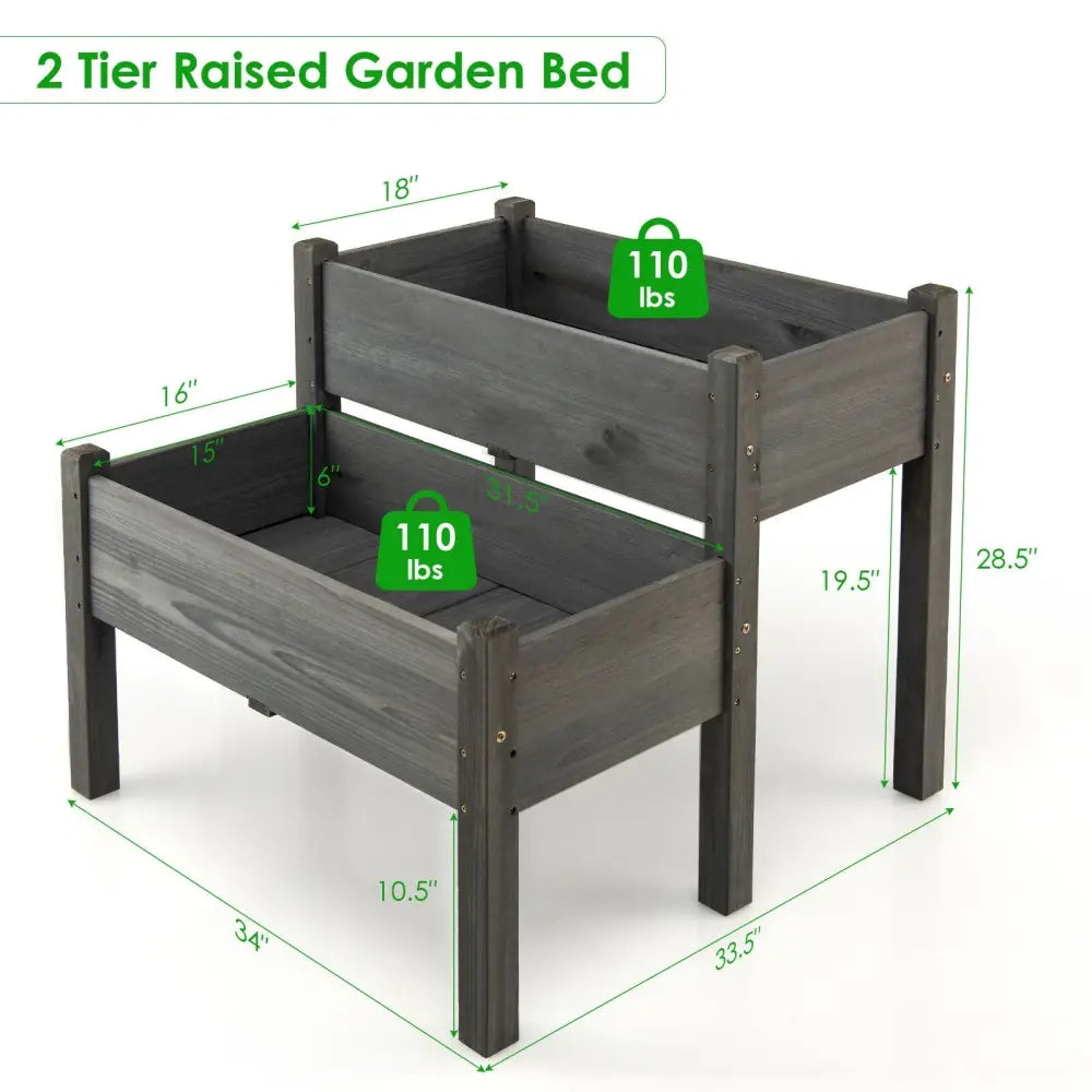 2 Tier Wooden Raised Garden Bed with Legs Drain Holes-Gray - Gray - Raised Garden Beds