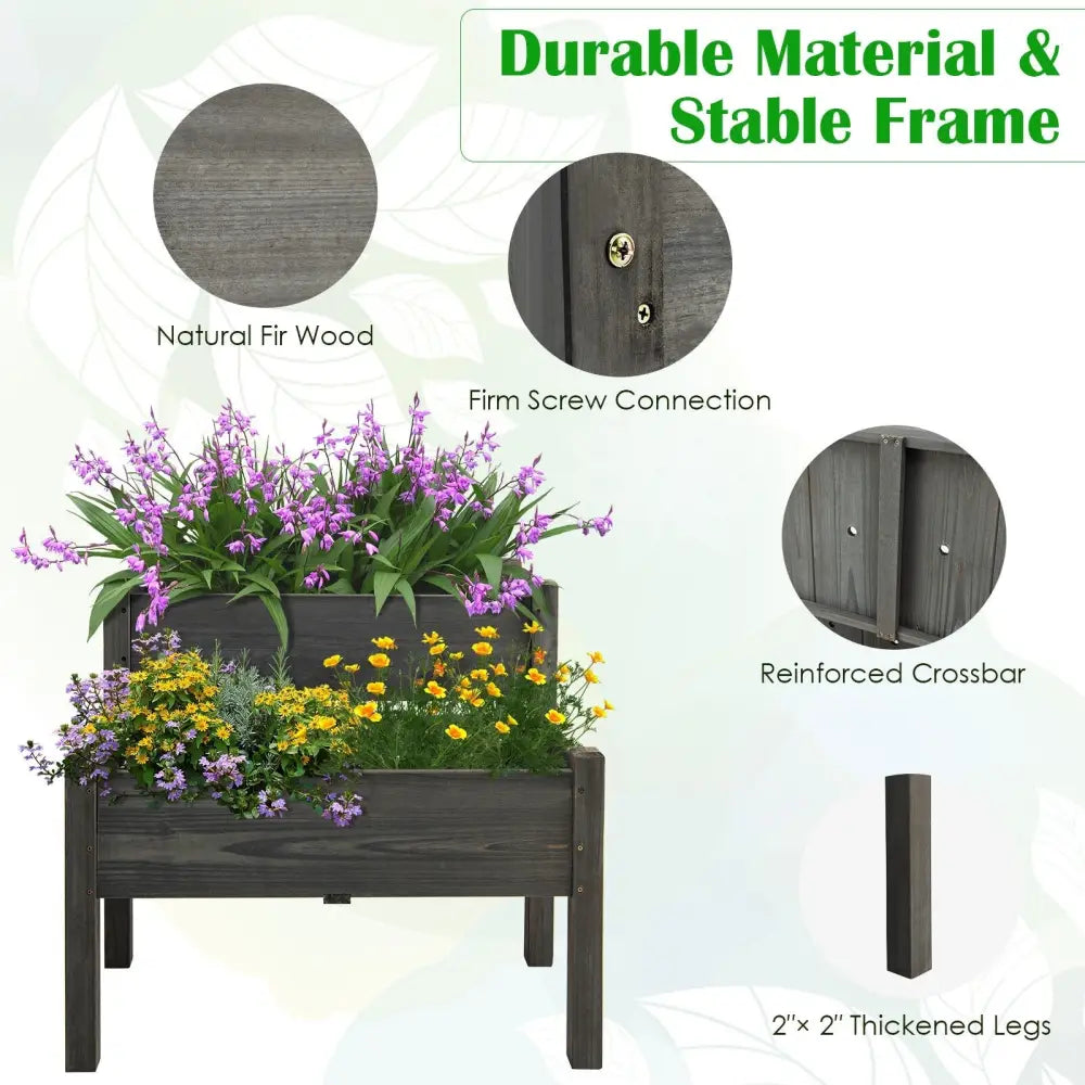 2 Tier Wooden Raised Garden Bed with Legs Drain Holes-Gray - Gray - Raised Garden Beds