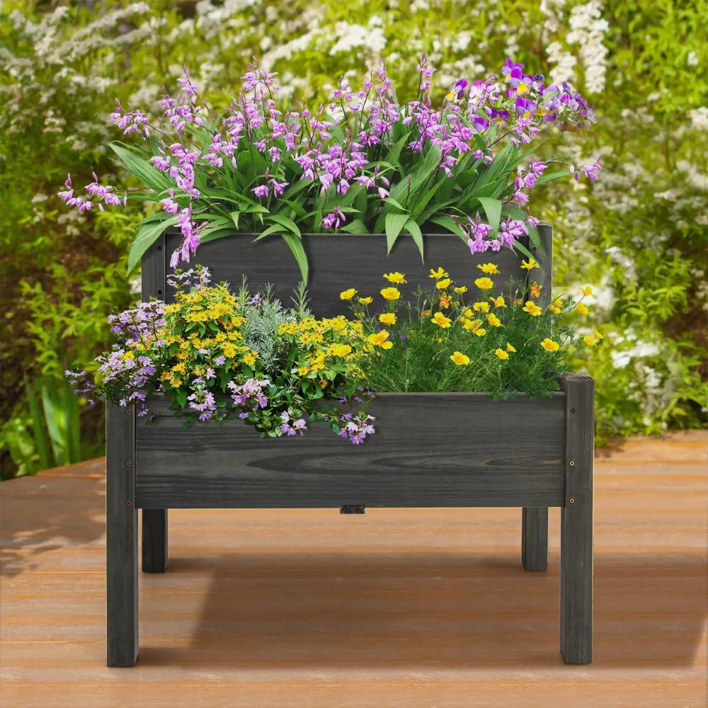 2 Tier Wooden Raised Garden Bed with Legs Drain Holes-Gray - Gray - Raised Garden Beds
