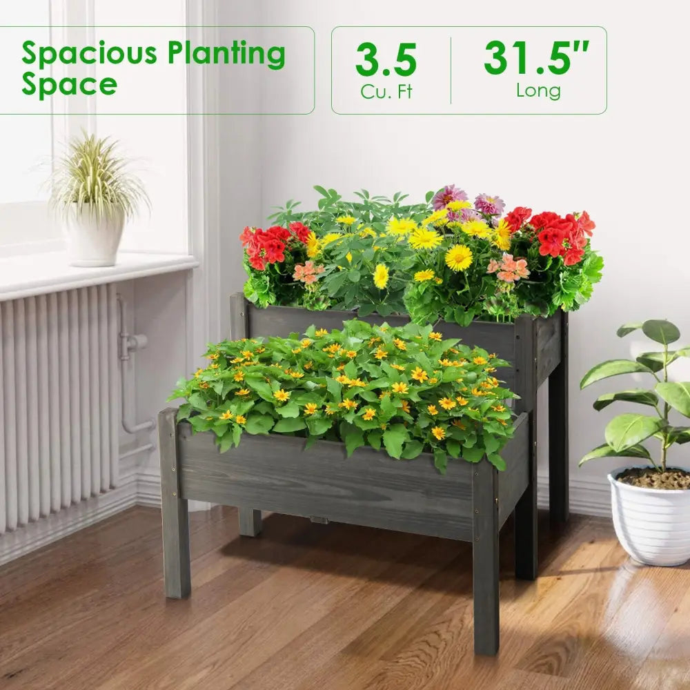 2 Tier Wooden Raised Garden Bed with Legs Drain Holes-Gray - Gray - Raised Garden Beds