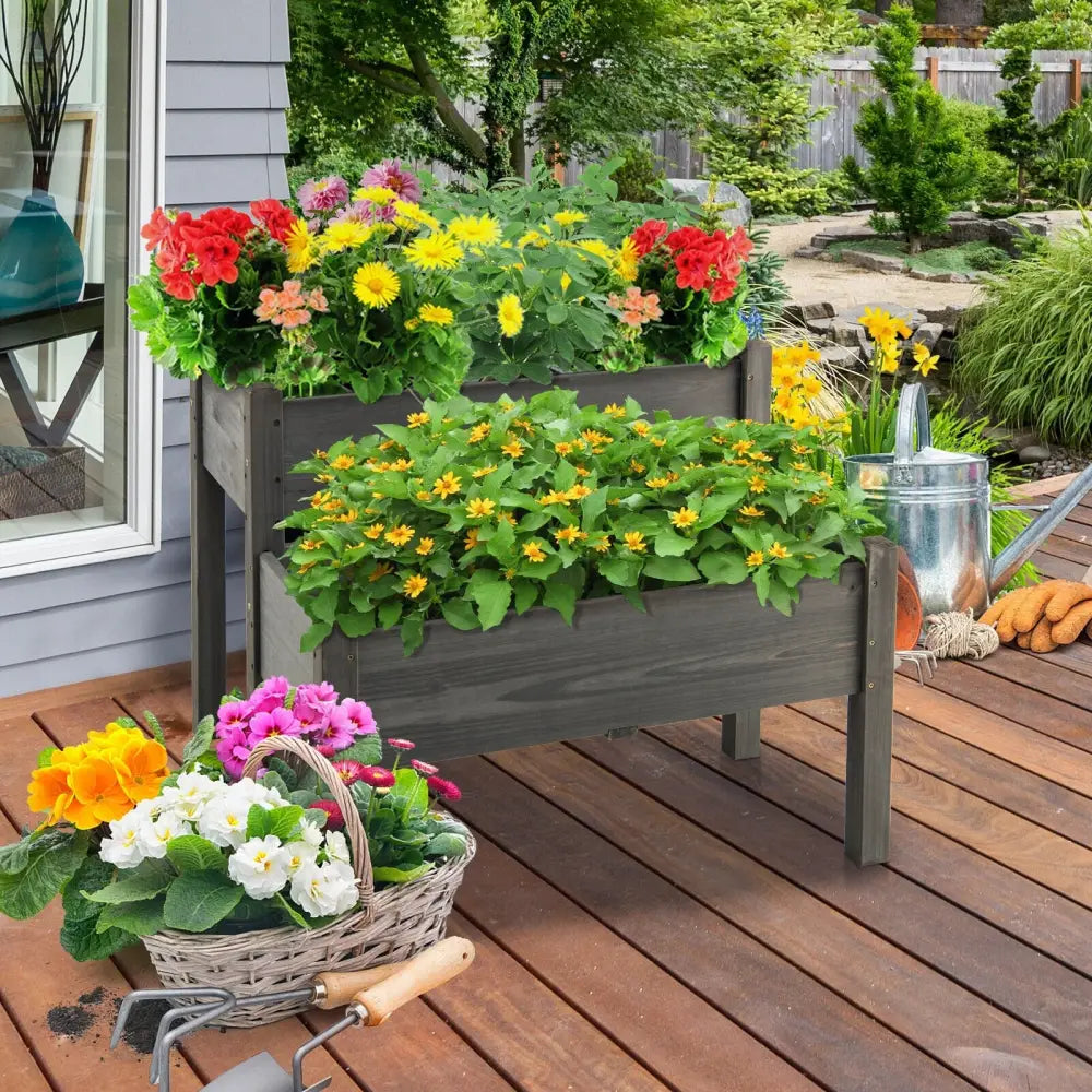 2 Tier Wooden Raised Garden Bed with Legs Drain Holes-Gray - Gray - Raised Garden Beds
