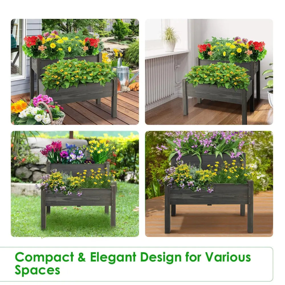 2 Tier Wooden Raised Garden Bed with Legs Drain Holes-Gray - Gray - Raised Garden Beds