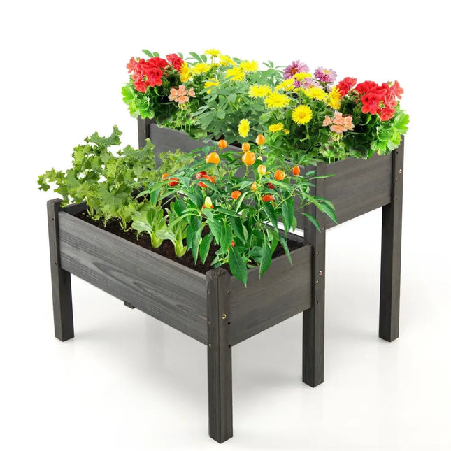 2 Tier Wooden Raised Garden Bed with Legs Drain Holes-Gray - Gray - Raised Garden Beds
