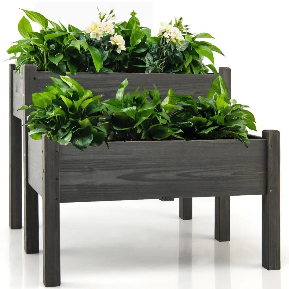 2 Tier Wooden Raised Garden Bed with Legs Drain Holes-Gray - Gray - Raised Garden Beds