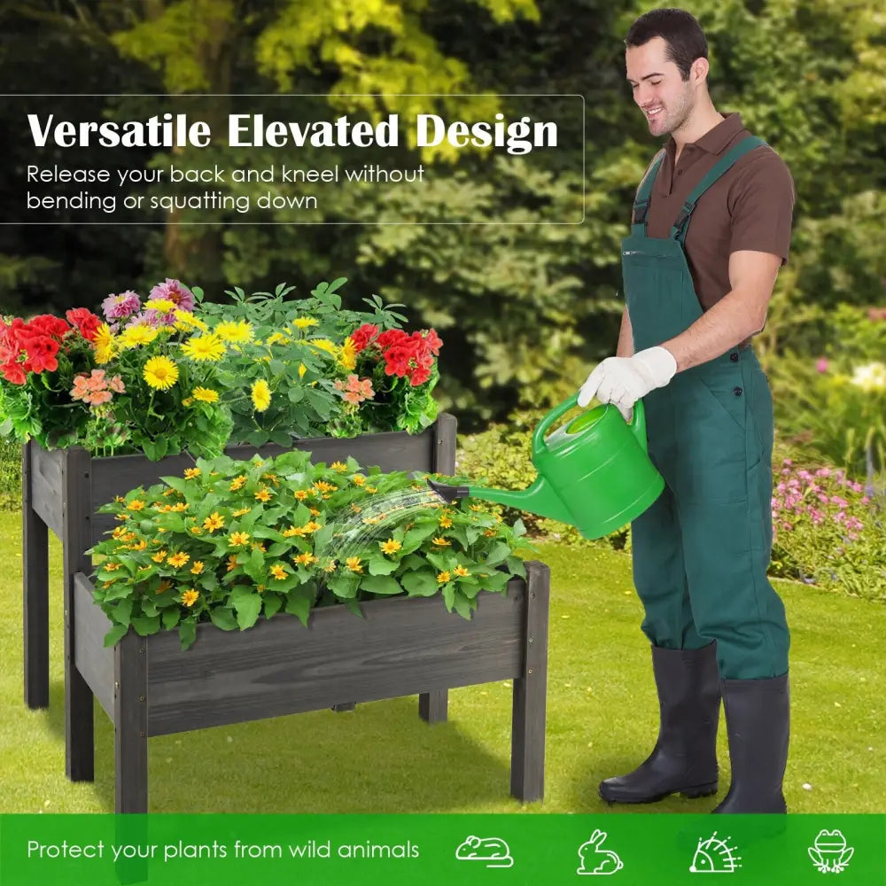 2 Tier Wooden Raised Garden Bed with Legs Drain Holes-Gray - Gray - Raised Garden Beds