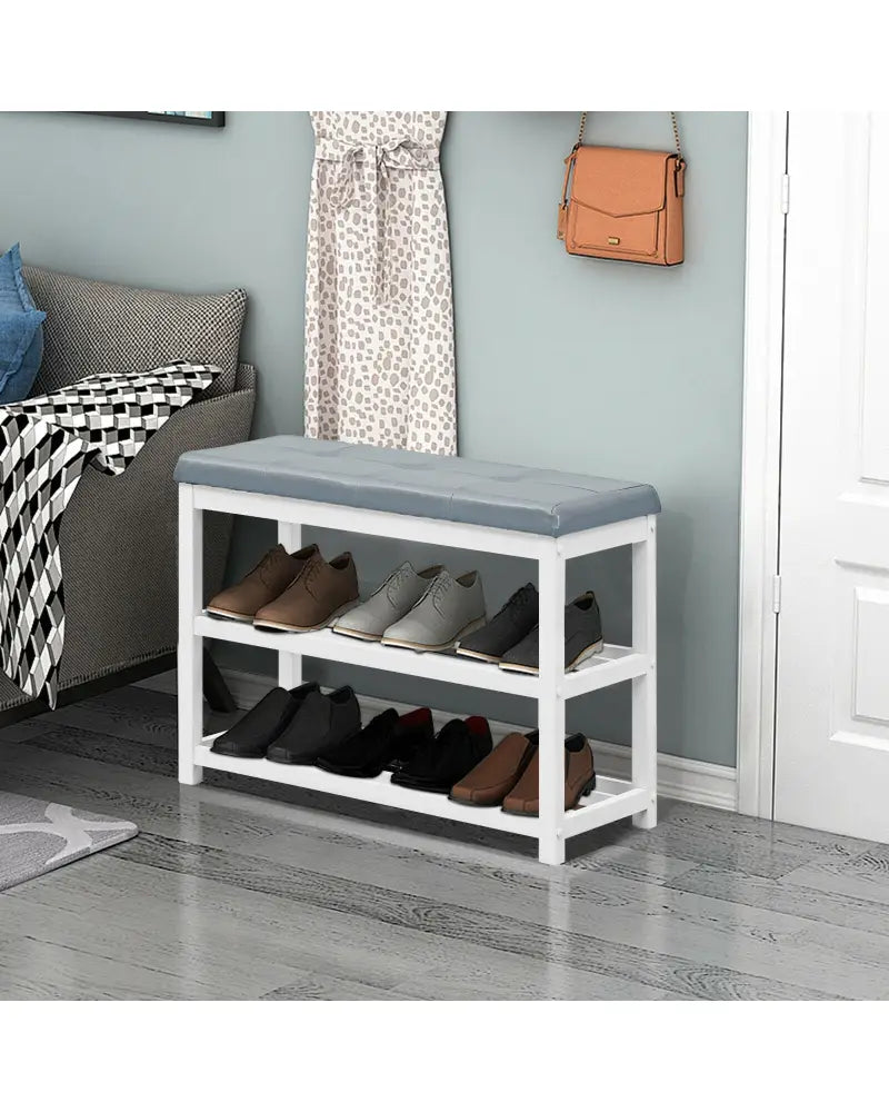 2-Tier Wooden Shoe Rack Bench with Padded Seat-White - White - Shoe Racks & Storage Benches