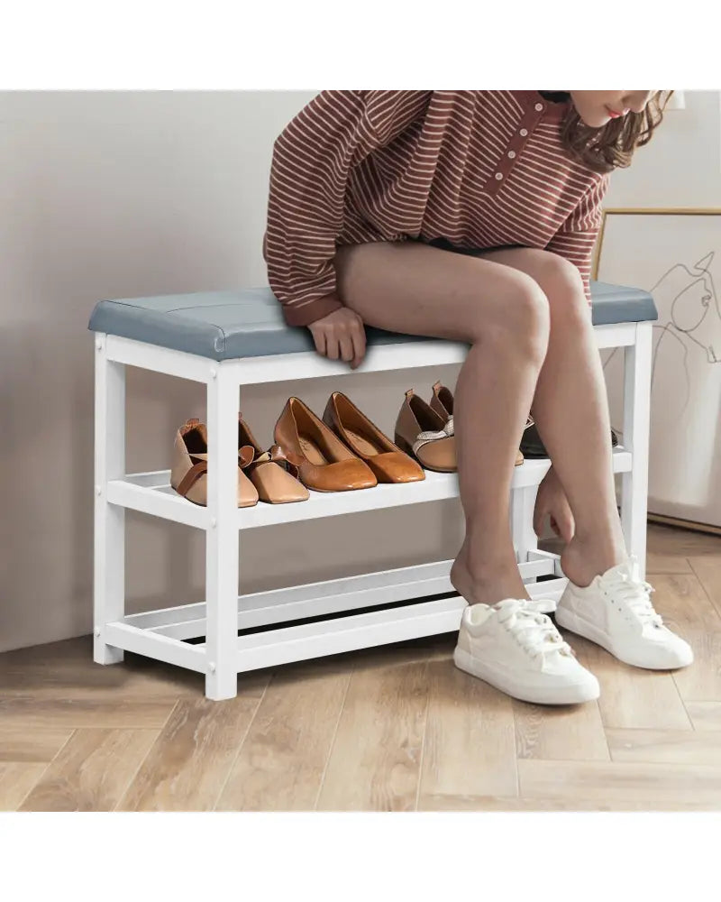 2-Tier Wooden Shoe Rack Bench with Padded Seat-White - White - Shoe Racks & Storage Benches