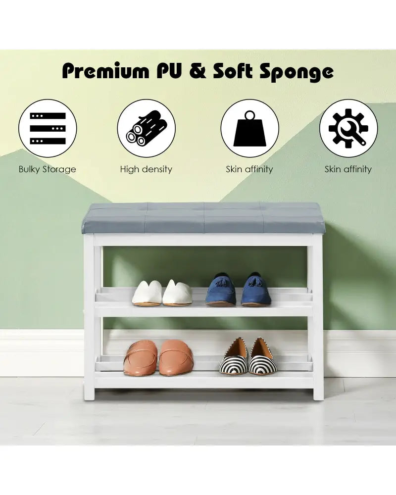 2-Tier Wooden Shoe Rack Bench with Padded Seat-White - White - Shoe Racks & Storage Benches