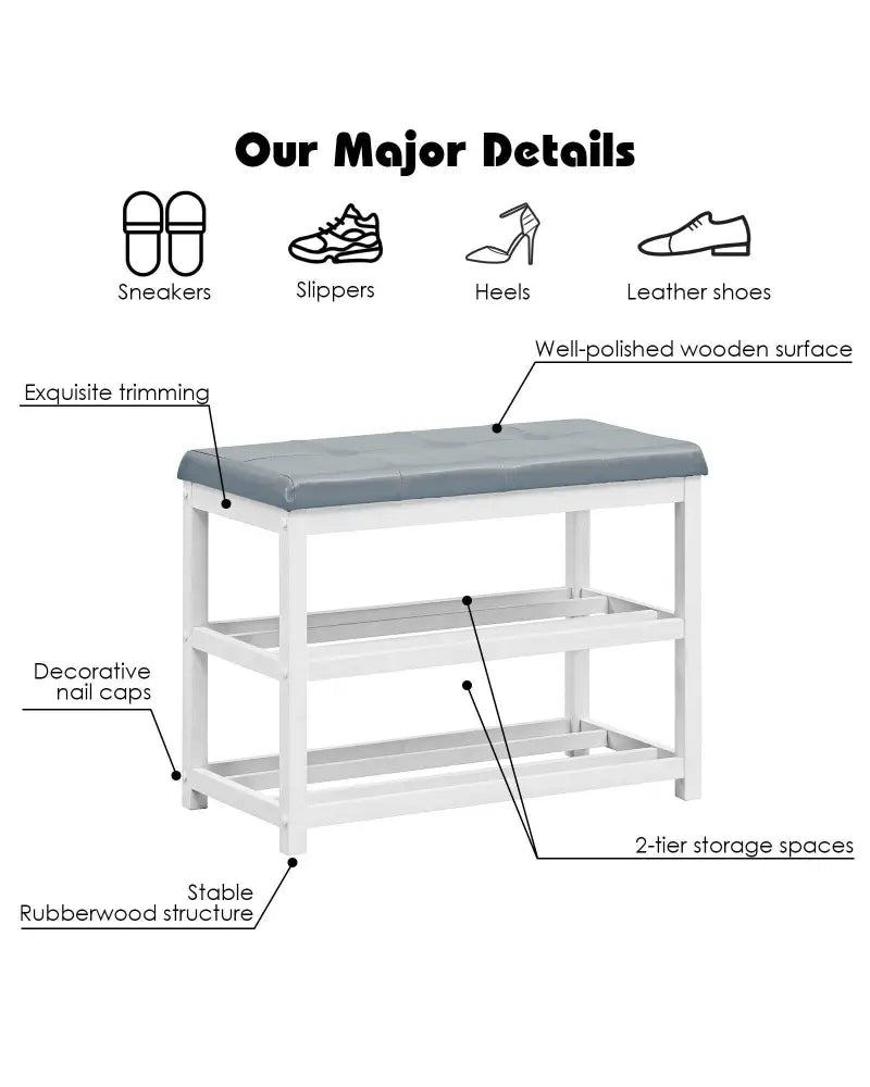 2-Tier Wooden Shoe Rack Bench with Padded Seat-White - White - Shoe Racks & Storage Benches