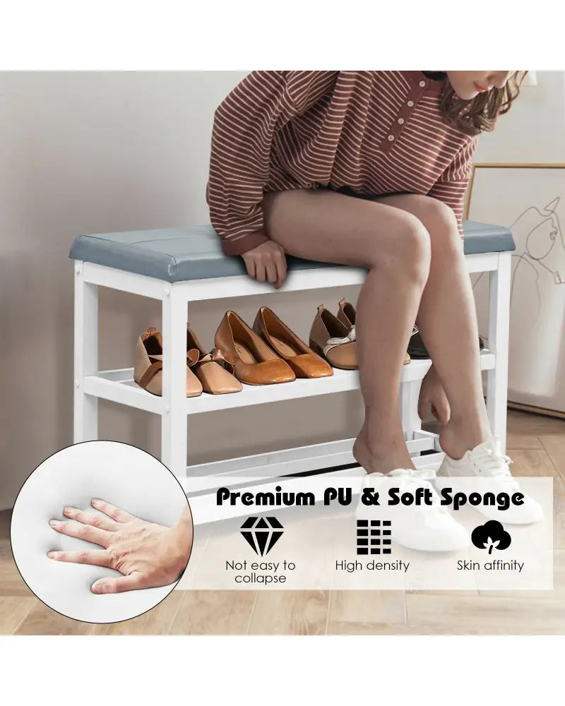 2-Tier Wooden Shoe Rack Bench with Padded Seat-White - White - Shoe Racks & Storage Benches
