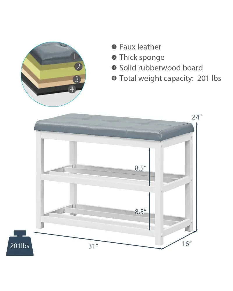 2-Tier Wooden Shoe Rack Bench with Padded Seat-White - White - Shoe Racks & Storage Benches